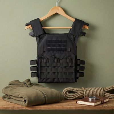 gilet lesté noir accroche au mur a un cintre.