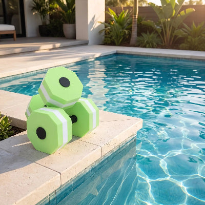 Haltères en mousse EVA vert sur le bord de la piscine 