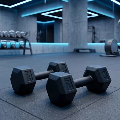 Haltères hexagonaux poses au sol dans une salle de muscuation moderne