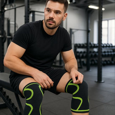 homme assis dans gymnase portant genouillere sport ligne verte
