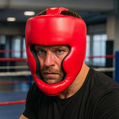 homme avec barbe dans un ring avec casque boxe rouge
