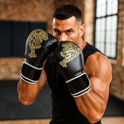Homme avec gant de boxe dessin de tigre or