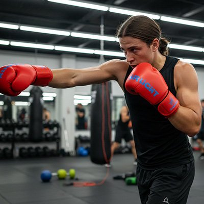 Homme bras allongé avec gant de boxe rouge écriture bleue 