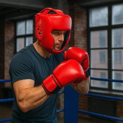 homme casque boxe rouge vif gants rouge vif
