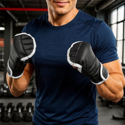 Homme chandail bleu marin coude plier gant de boxe MMA 
