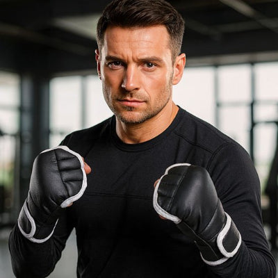 Homme cheveux brun chandail noir gant de boxe noir blanc 