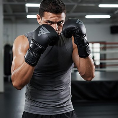 homme cheveux bruns fixe droit devant avec gant de mma 