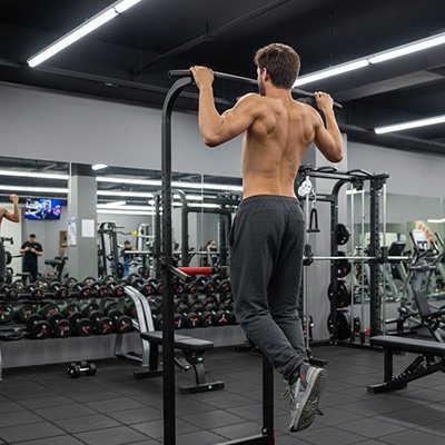 homme dans gymnase exercice bras avec station barre de traction  