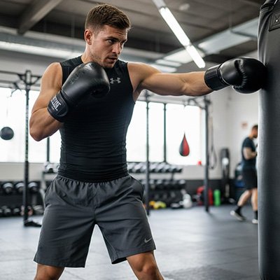 Homme dans gymnase frappe sur sac avec gant de boxe