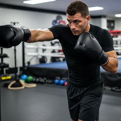 Homme dans salle de gym avec gant de boxe noir