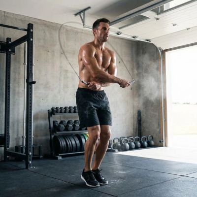 homme dans son garage entraînement avec corde a sauter crossfit