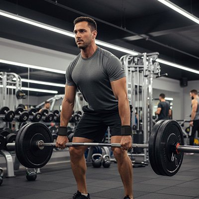 Homme dans un gymnase soulève haltère avec sangle musculation 