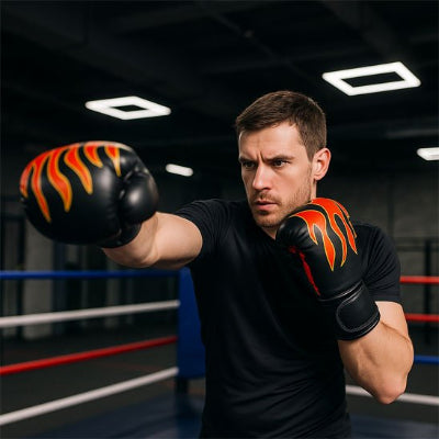 Homme dans un ring avec gant de boxe noir