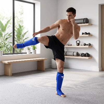 Homme effectuant un coup de pied avec un protege tibia bleu