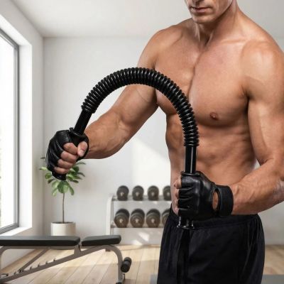 homme entrainement de force utilise barre de musculation a ressort
