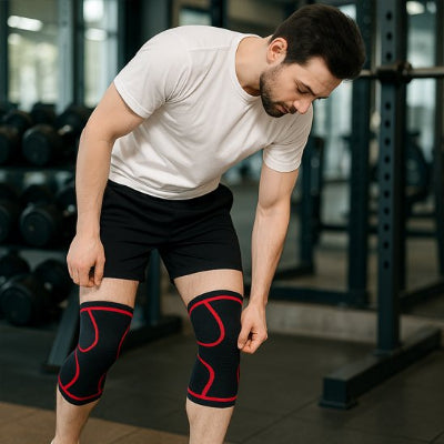 homme etire avec ses doigts la genouillère pour le sport 