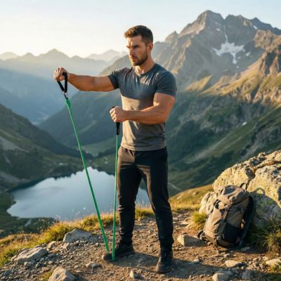 Homme excursion en montagne haut une falaise entraînement élastiques musculation