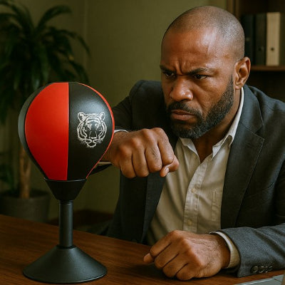 homme expression tres concentree determine colere controlee avec punching ball