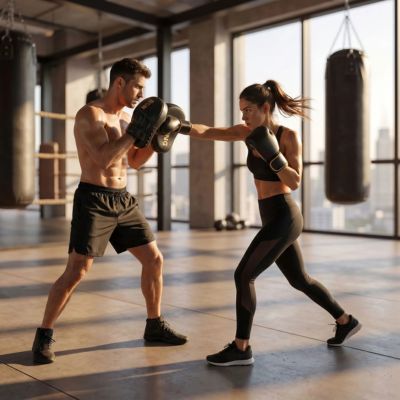homme femme dans leur gymnase entrainement boxing avec pao boxe