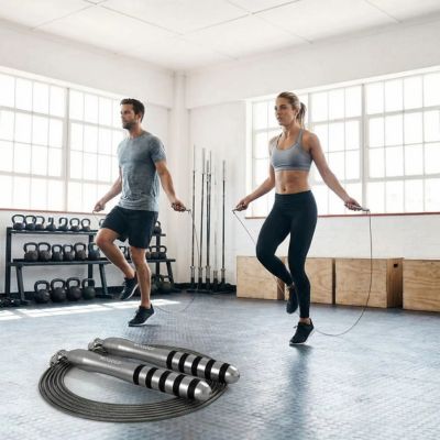 homme femme entraînement ensemble garage avec corde a sauter crossfit