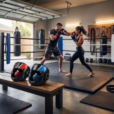 homme femme garage MMa tapis casque de box sur banc