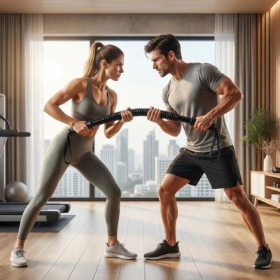 homme femme se regardent tirent la barre de musculation ressort