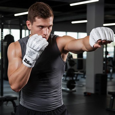 homme haut sport gris gant de mma blanc posture combat