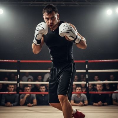 homme jambes croisées prêt attaque avec gant de boxe blanc