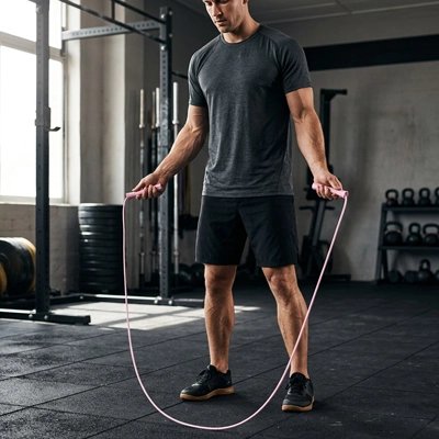 Homme montre la longueur de sa corde a sauter rose