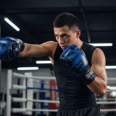 homme musclé concentré entraînement gymnase gant de boxe bleu noir
