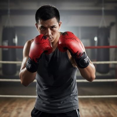 Homme musclé porte gant de boxe rouge et noir