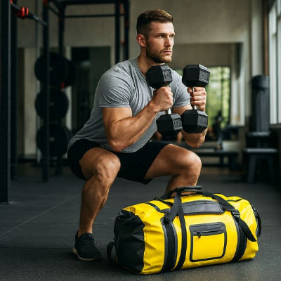 homme muscle position squat deux poids mains sac de sport