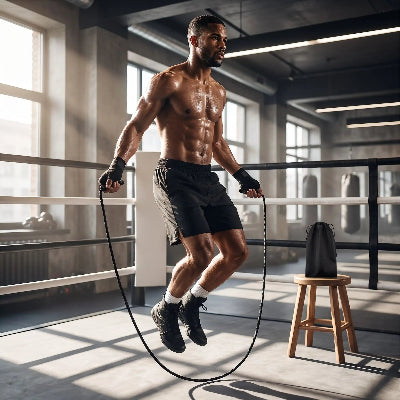 Homme muscle s entraine avec sa corde a sauter boxe noir