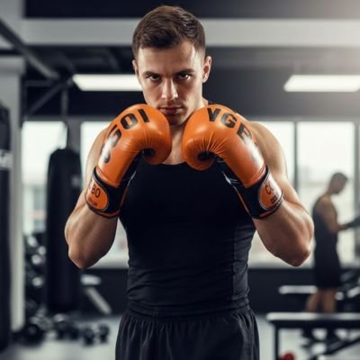 Homme musclé salle de sport débardeur noir gant de boxe 