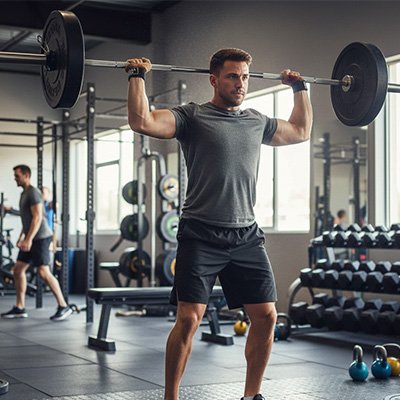 Homme musclé soulève barre haltère avec sangle de tirage 
