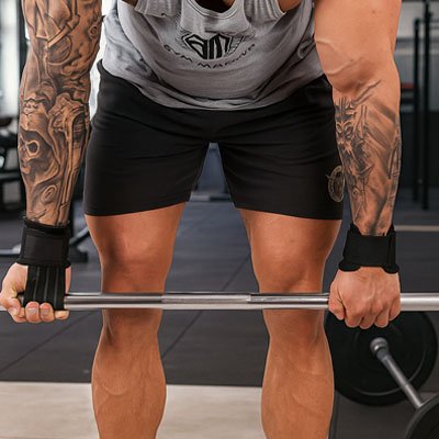 Homme musclé tatoué tient une barre avec sangle de tirage