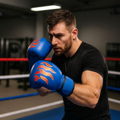 Homme porte gant de boxe bleu dessin d une flamme