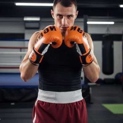Homme position de garde avec gant de boxe orange 