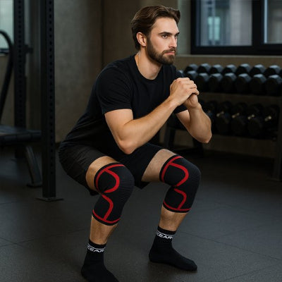 homme position de squat mains jointes genouillère pour le sport