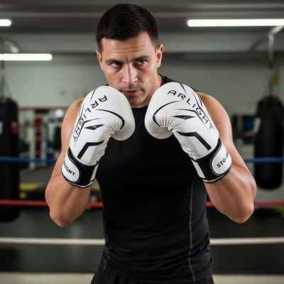 homme position défense dans le ring gant de boxe blanc