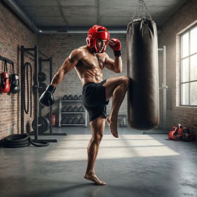 homme pratique Muay Thai dans son garage avec boxe casque