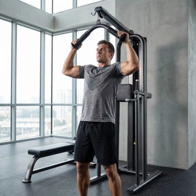 homme pratique exercice de tirage debout avec barre traction
