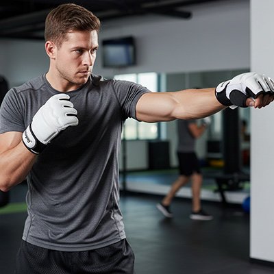 homme pratique ses coups de boxe avec gant mma