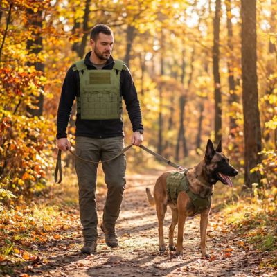 homme promenade dans sentier en automne avec chien gilet leste