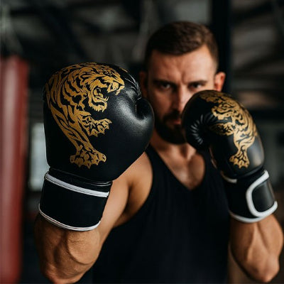 Homme regard fixe déterminé avec gant de boxe noir or