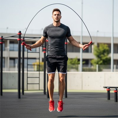 homme running rouge saute avec corde a sauter poignee rouge