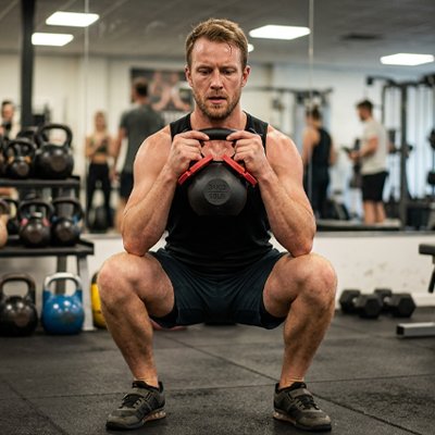 homme salle de sport tient kettlebell noir avec disque musculation