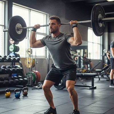 Homme salle sport musculation avec barre et sangle de tirage