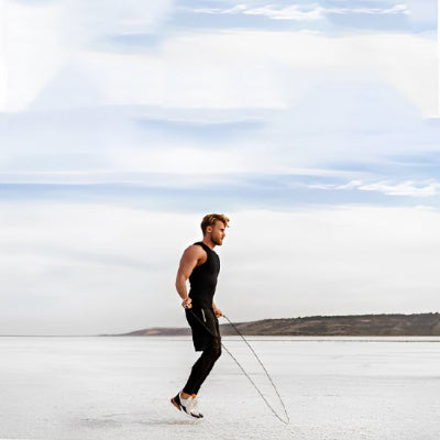 homme saut a la corde à sauté sur le sable