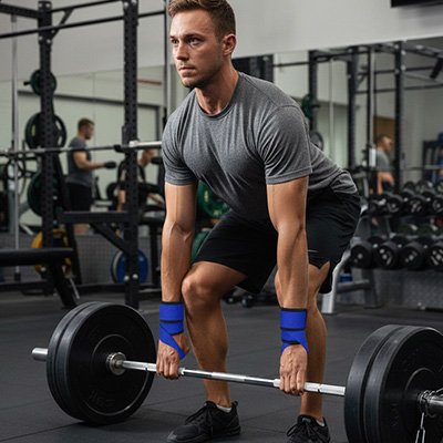 Homme se prépare faire soulevé de terre avec sangle musculation 